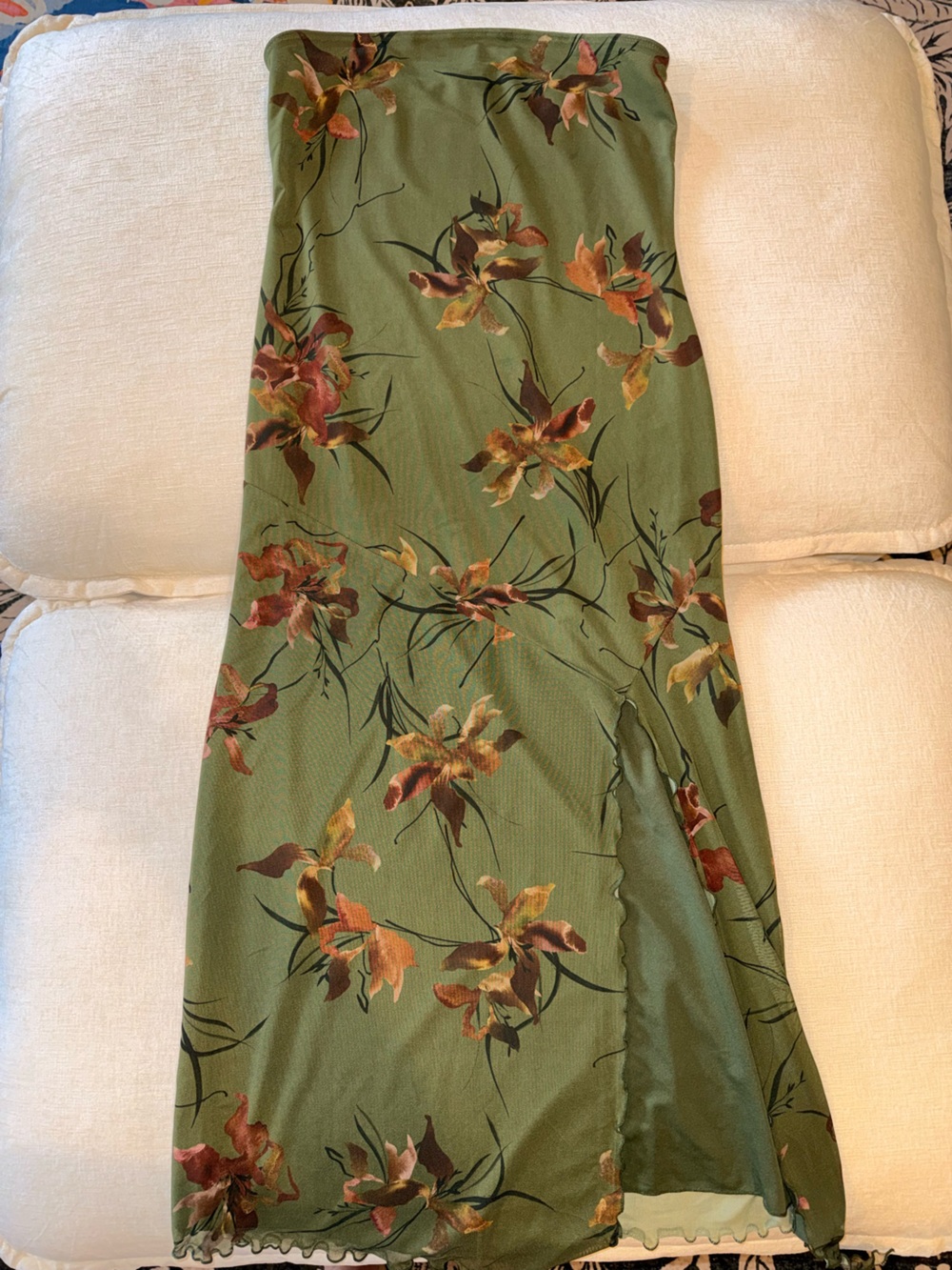Green Floral Maxi Skirt - Olive with Rust & Mustard Blooms
